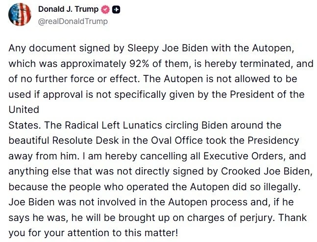 Trump, Selefi Biden’ın kendisi tarafından imzalanmadığını öne sürdüğü tüm başkanlık kararnamelerini iptal etti
