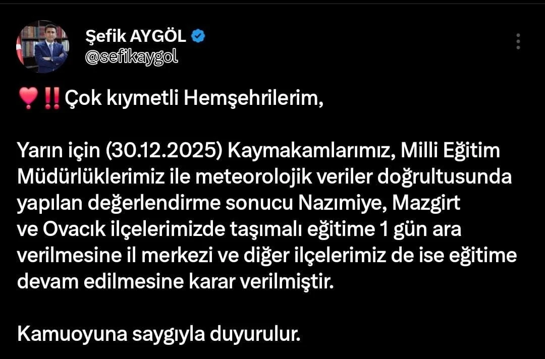 Tunceli&rsquo;nin 3 il&ccedil;esinde taşımalı eğitime 1 g&uuml;n ara verildi
