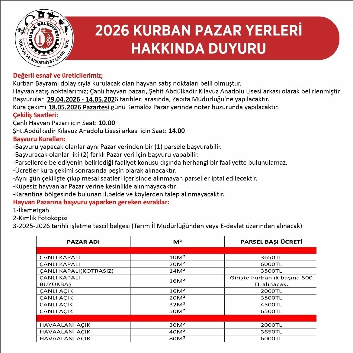 Uşak&rsquo;ta kurban satış yerleri belli oldu
