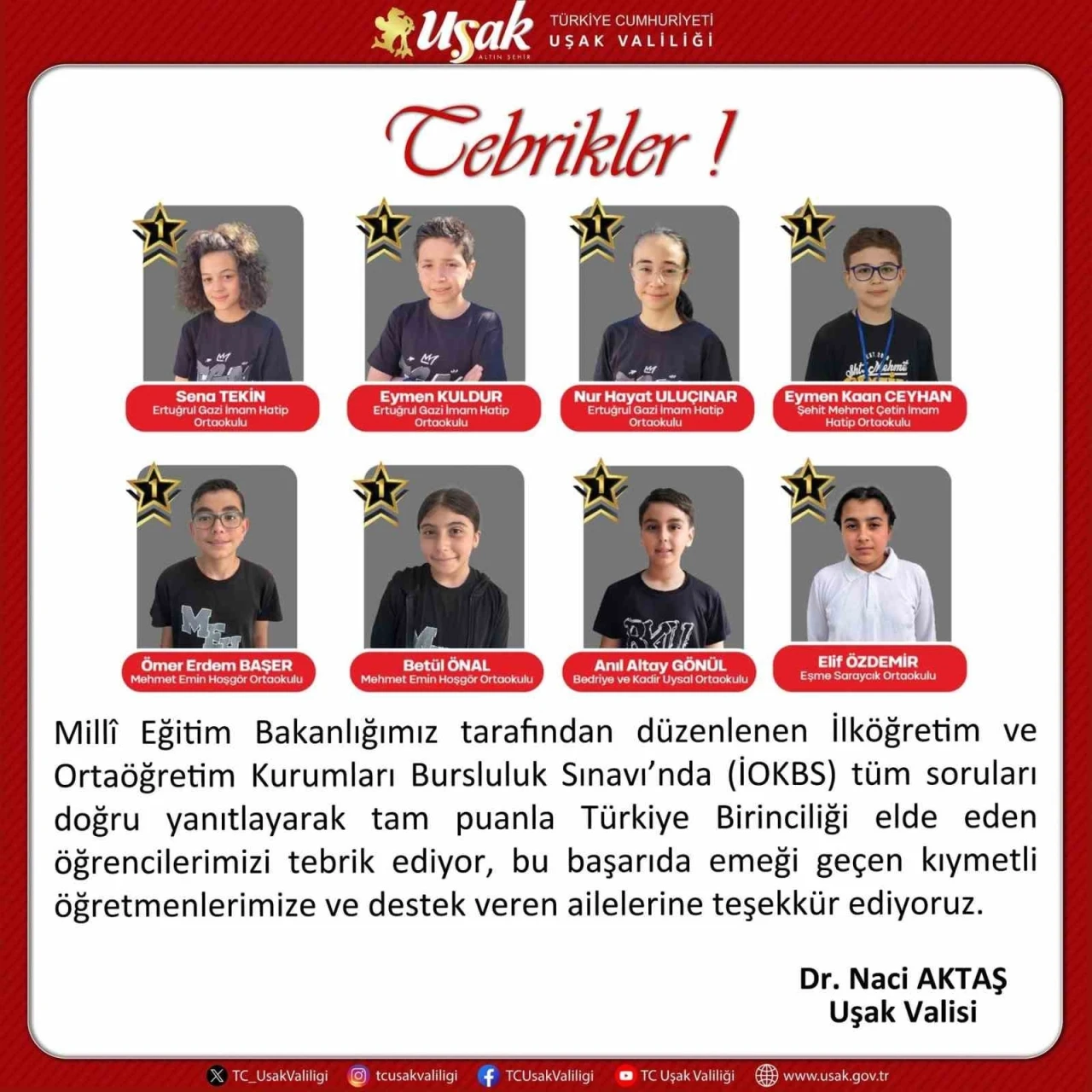 Vali Aktaş bursluluk sınavında birinci olan öğrencileri kutladı
