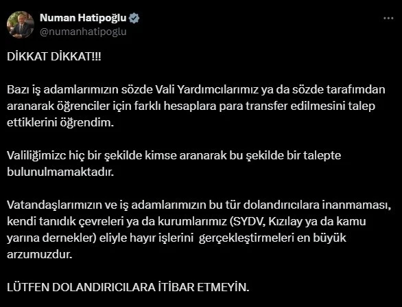 Vali Hatipoğlu’ndan dolandırıcılık olaylarına karşı uyarı
