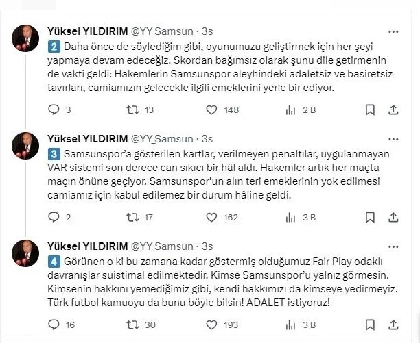 Y. Samsunspor’dan sert açıklama: “Hakem hatalarının devam etmesi durumunda, emeklerimizin gölgede bırakılmasına göz yummayacağız"