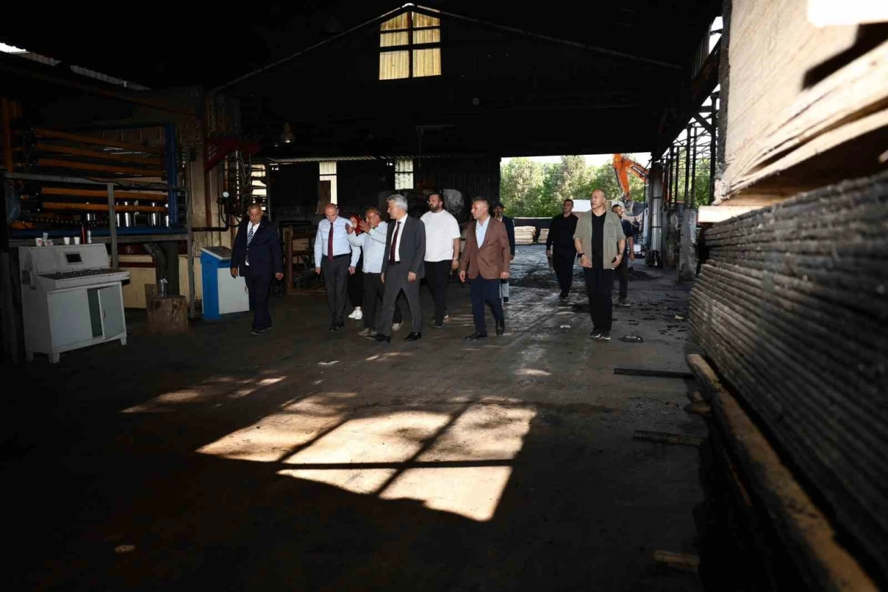 Yanan orman &uuml;r&uuml;nleri fabrikasında inceleme
