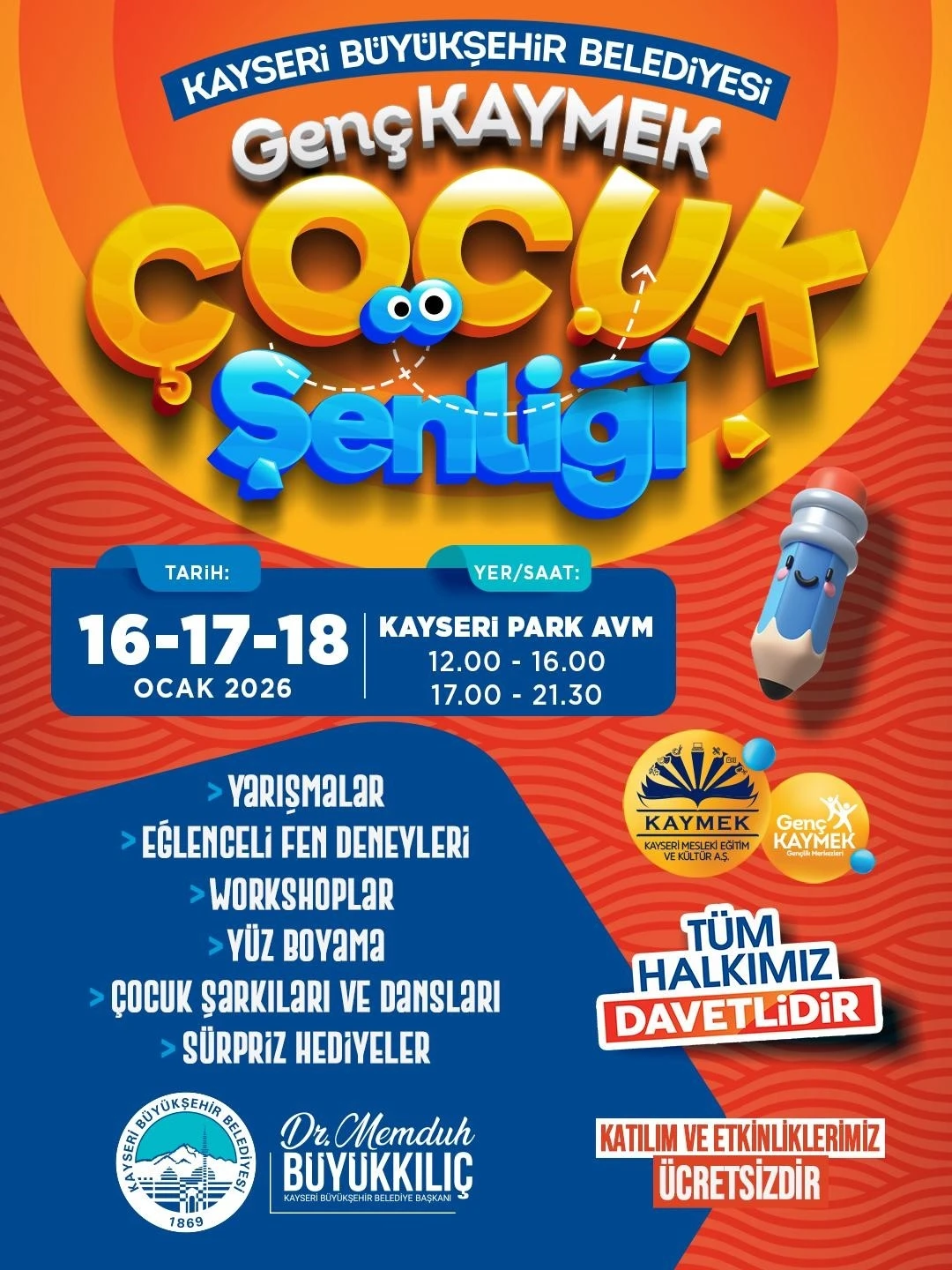 Yarıyıl tatilinde Gen&ccedil; KAYMEK &Ccedil;ocuk Şenliği yapılacak
