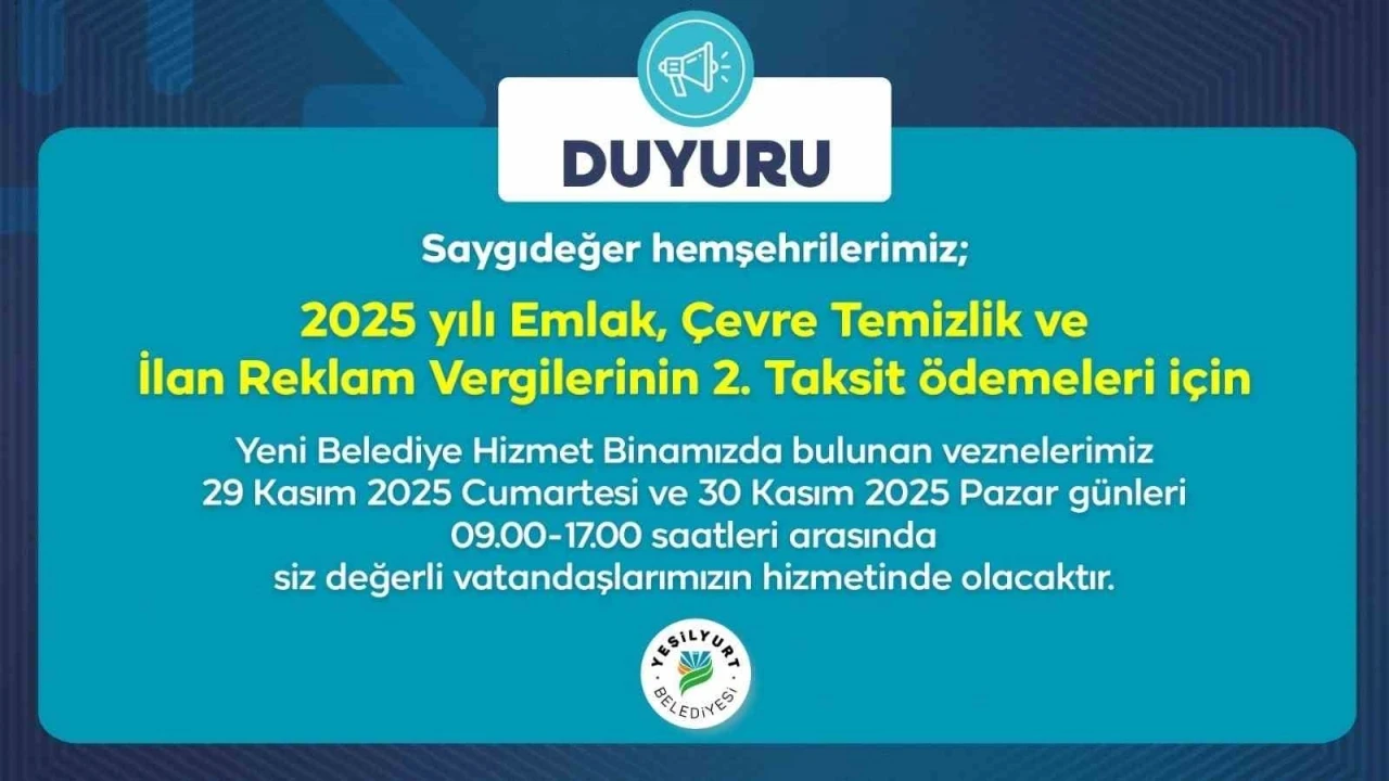 Yeşilyurt Belediye vezneleri, hafta sonu hizmet verecek
