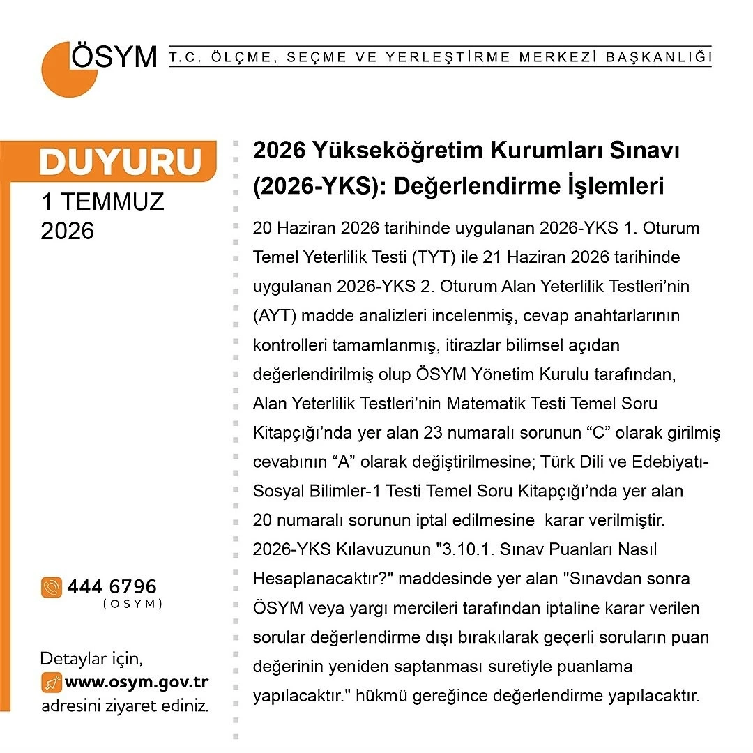 YKS değerlendirildi: 1 soru iptal, 1 sorunun şıkkı değişti
