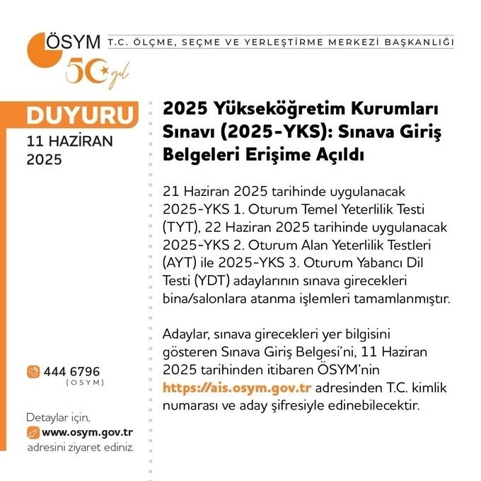 YKS giriş belgeleri erişime açıldı
