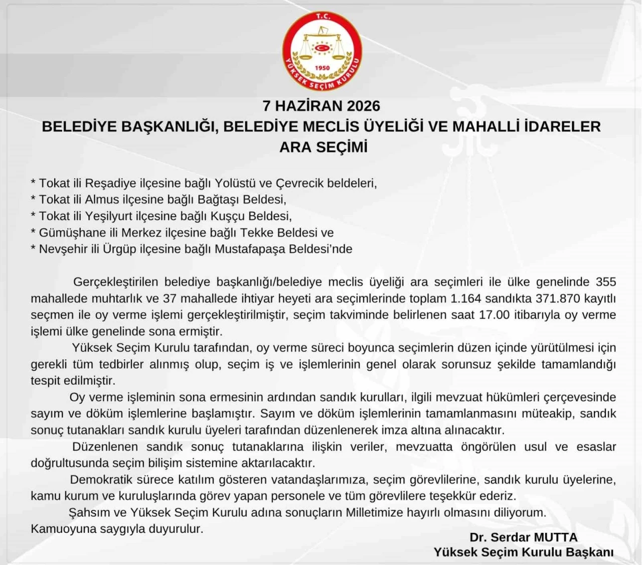 YSK Başkanı Mutta: "Yüksek Seçim Kurulu adına sonuçların mil