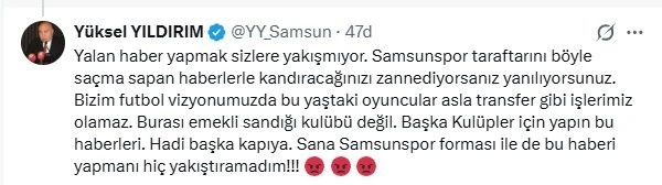 Y&uuml;ksel Yıldırım&rsquo;dan Enner Valencia s&ouml;ylentisine tepki: "Samsunspor, emekli sandığı kul&uuml;b&uuml; değil"
