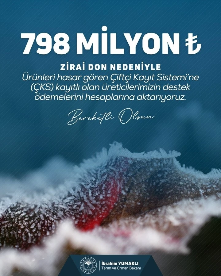 Zirai don nedeniyle ürünleri hasar gören çiftçilere 798 milyon lira destek ödemesi yapıldı
