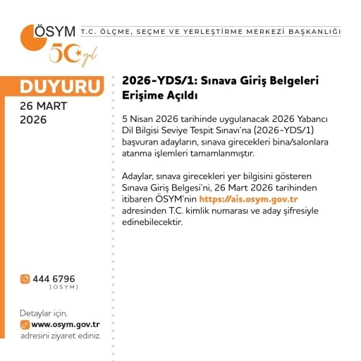 2026-YDS/1: sınava giriş belgeleri erişime a&ccedil;ıldı
