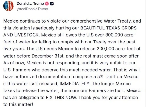 ABD Başkanı Trump’tan Meksika’ya su anlaşması uyarısı: &quot;Yeterli su serbest bırakılmazsa, yüzde 5 gümrük vergisi uygulanacak&quot;
