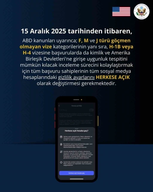 ABD B&uuml;y&uuml;kel&ccedil;iliği: "Vize başvurusu yapacak kişilerin sosyal medya hesaplarını herkese a&ccedil;ık hale getirmesi gerekiyor"
