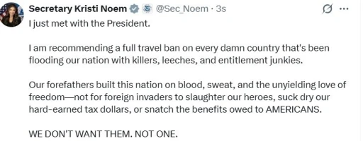ABD İç Güvenlik Bakanı Kristi Noem’den ABD’ye seyahat yasağı önerisi
