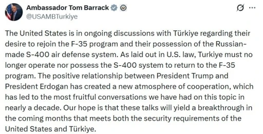 ABD’nin Ankara Büyükelçisi Barrack’tan ’F-35’ yorumu
