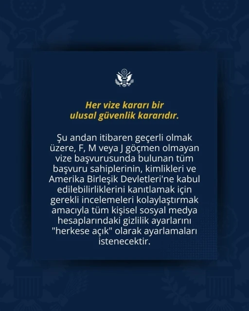 ABD vize başvurusunda sosyal medya hesaplarına &quot;herkese açık&quot; şartı
