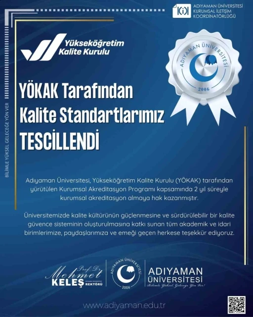 Adıyaman &Uuml;niversitesi&rsquo;ne Y&Ouml;KAK&rsquo;tan 2 yıllık şartlı kurumsal akreditasyon
