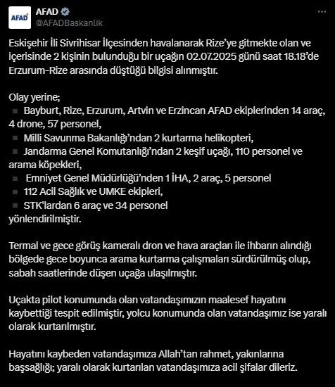 AFAD: &quot;Eskişehir’den Rize’ye giderken düşen uçağın enkazına ulaşıldı&quot;

