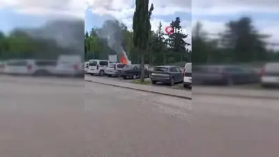 Hastane otoparkında korku dolu anlar, otomobil alevlere teslim oldu