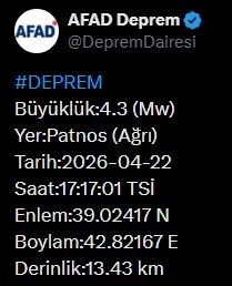 Ağrı&rsquo;da 4.3 b&uuml;y&uuml;kl&uuml;ğ&uuml;nde deprem
