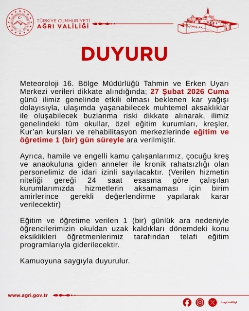 Ağrı&rsquo;da eğitime kar engeli
