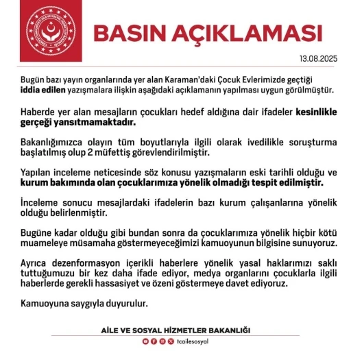 Aile ve Sosyal Hizmetler Bakanlığı: &quot;Mesajların çocukları hedef aldığına dair ifadeler kesinlikle gerçeği yansıtmamaktadır&quot;
