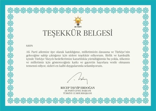 AK Parti&rsquo;den 11,5 milyon &uuml;yesine Cumhurbaşkanı Erdoğan imzalı teşekk&uuml;r belgesi
