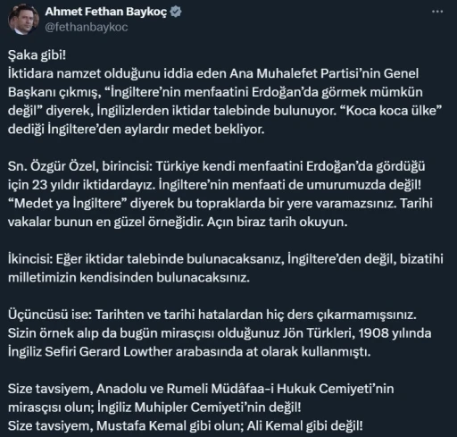 AK Partili Baykoç’tan Özgür Özel’e tepki: &quot;Mustafa Kemal gibi olun; Ali Kemal gibi değil&quot;
