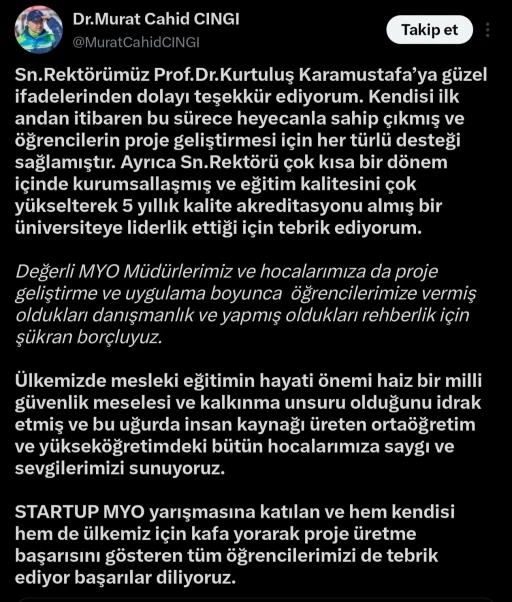 AK Partili Cıngı&rsquo;dan KAY&Uuml; y&ouml;netimi ve &ouml;ğrencilerine Start-Up teşekk&uuml;r&uuml;
