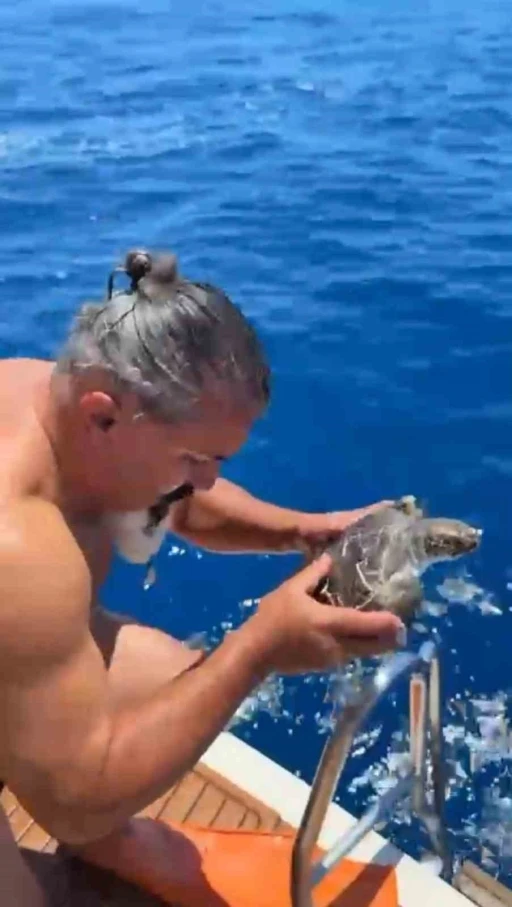 Alanya&rsquo;da &ccedil;uvala dolanan caretta carettayı tur teknesi kaptanı kurtardı
