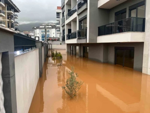 Alanya&rsquo;da sağanak sebebiyle Oba &Ccedil;ayı taştı, binaların bah&ccedil;elerini su bastı
