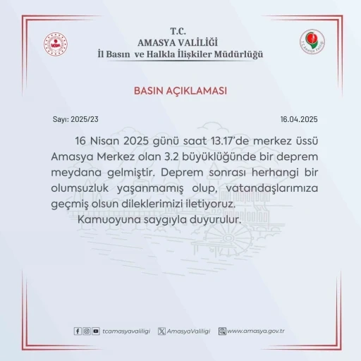 Amasya Valiliği’nden 3.2 depremle ilgili açıklama: &quot;Bir olumsuzluk yok&quot;
