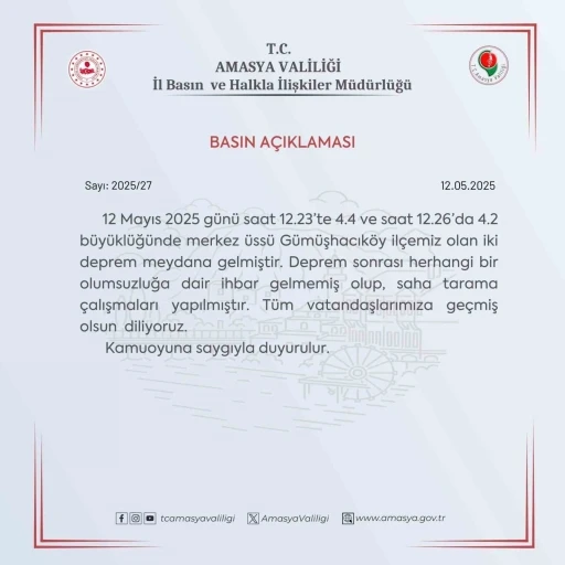 Amasya Valiliği: &quot;Deprem sonrası herhangi bir olumsuzluğa dair ihbar gelmedi&quot;

