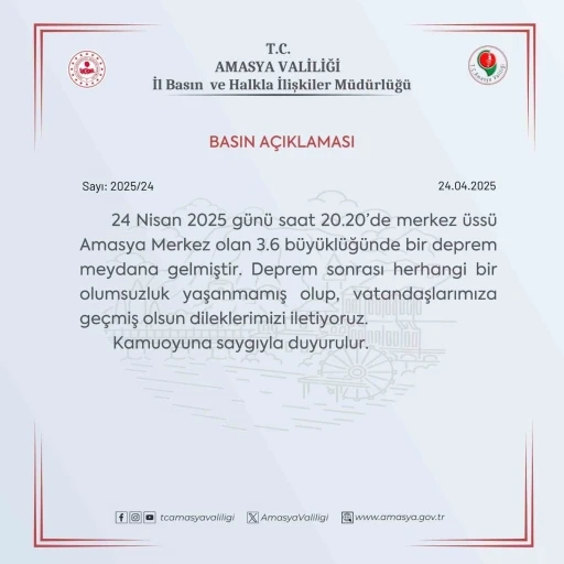 Amasya Valiliğinden deprem sonrası açıklama: &quot;Depremde bir olumsuzluk yaşanmamıştır&quot;
