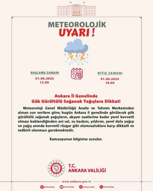 Ankara Valiliği’nden gök gürültülü sağanak yağış uyarısı
