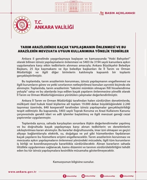 Ankara Valiliği’nden hobi bahçelerine ilişkin karar: Kaçak yapılara yasak
