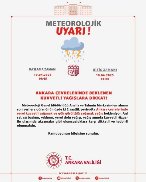 Ankara Valiliği uyardı: &quot;Kuvvetli yağışlara dikkat&quot;
