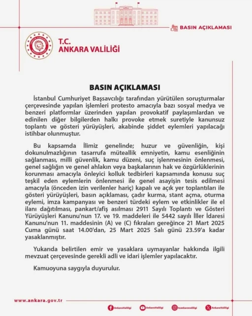 Ankara Valiliğinden de 5 günlük eylem yasağı kararı
