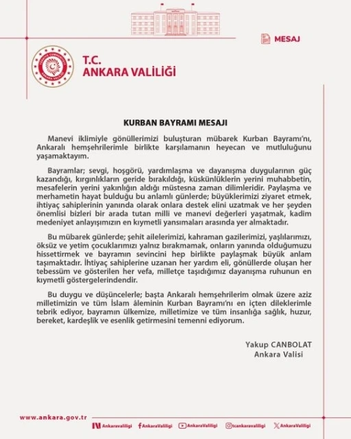 Ankara Valisi Canbolat&rsquo;tan Kurban Bayramı mesajı
