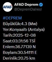 Antalya’da 4.3 büyüklüğünde deprem
