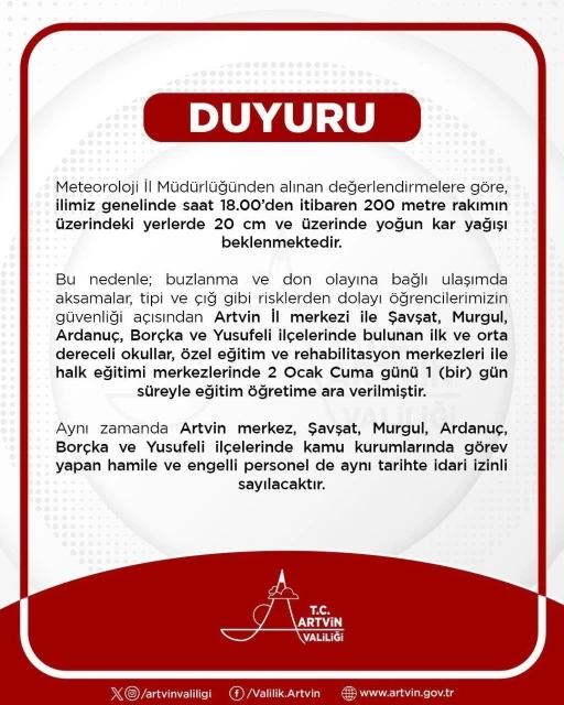 Artvin&rsquo;de eğitime 1 g&uuml;n ara verildi
