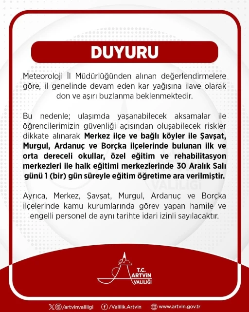 Artvin merkez ve 4 il&ccedil;ede kar nedeniyle eğitime 1 g&uuml;n ara verildi
