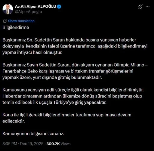 Avukat Ali Alper Alpoğlu&rsquo;ndan Başkan Saran a&ccedil;ıklaması
