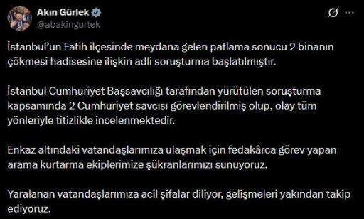 Bakan G&uuml;rlek: "2 binanın &ccedil;&ouml;kmesi hadisesine ilişkin adli soruşturma başlatılmıştır"
