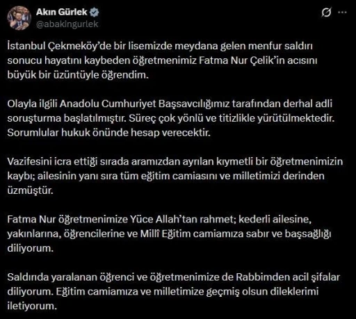 Bakan G&uuml;rlek: "(&Ouml;ğretmen Fatma Nur &Ccedil;elik) Olayla ilgili derhal adli soruşturma başlatılmıştır"
