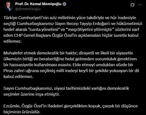 Bakan Memişoğlu’ndan Cumhurbaşkanını ve hükümeti hedef alan CHP Genel Başkanı Özel’e tepki
