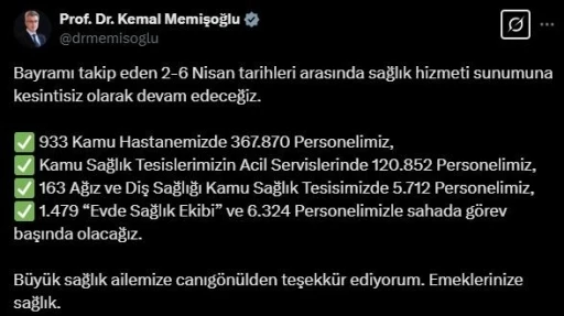 Bakan Memişoğlu: &quot;2-6 Nisan tarihlerinde sağlık hizmetine devam edeceğiz&quot;
