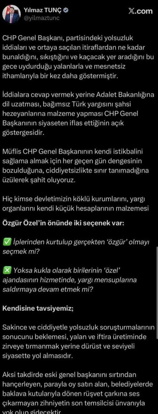 Bakan Tunç: &quot;Özgür Özel’in önünde iki seçenek var&quot;
