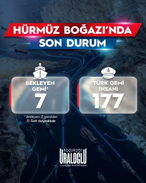 Bakan Uraloğlu: "Savaş başladığından beri H&uuml;rm&uuml;z Boğazı&rsquo;ndan T&uuml;rk sahipli 11 gemimiz g&uuml;venli şekilde ge&ccedil;ti"
