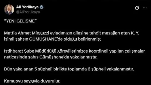 Bakan Yerlikaya, Mattia Ahmet Minguzzi’nin ailesine tehdit mesajları atan şahsın yakalandığını duyurdu

